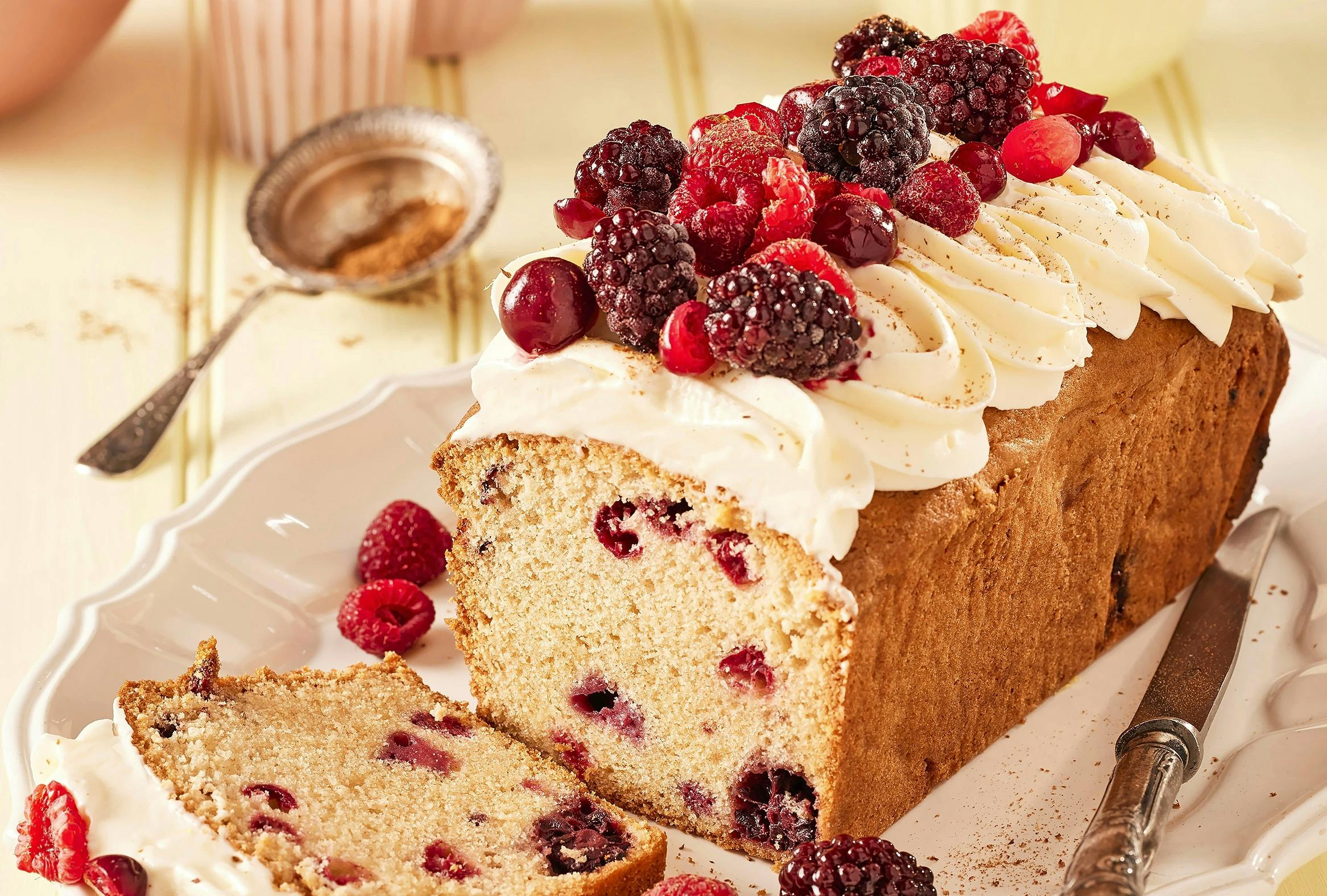 Mixed berry loaf cake with cream cheese icing channel_name